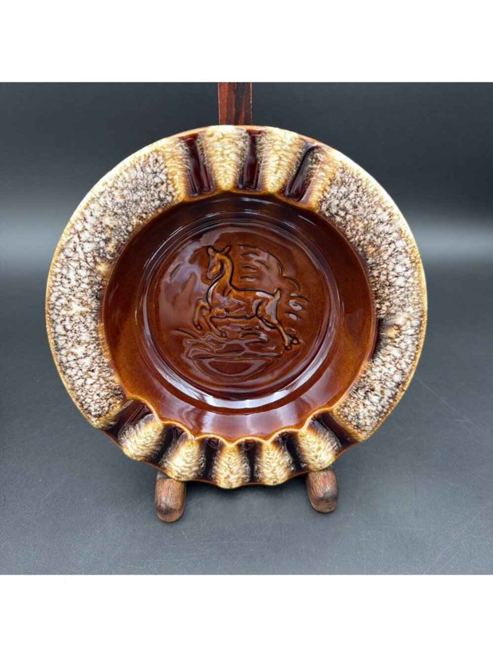 Hull USA Brown Drip Glaze Pottery Ashtray VTG Trinket Dish Leaping Deer 8" -A